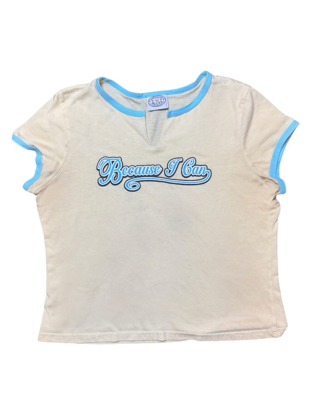 Y2K Carolina Blues ‘Because I Can’ Butter Yellow + Blue Baby Tee Top Size Large
